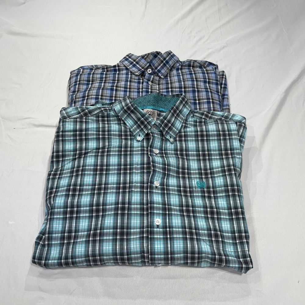 Cinch Mens Large Blue Grey Plaid Long Sleeve Button Down Western Shirt Cotton